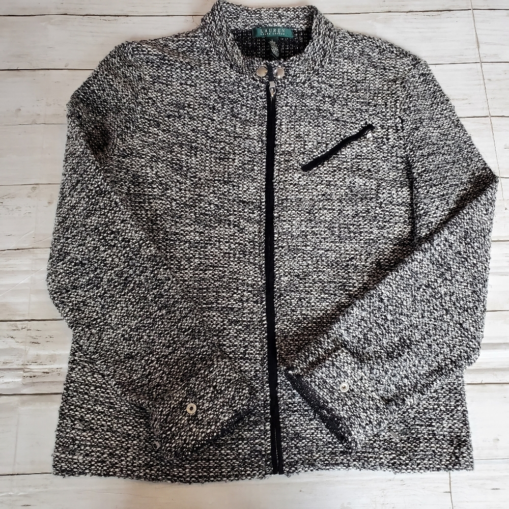 Lauren Ralph Lauren tweed boucle moto zip jacket size large